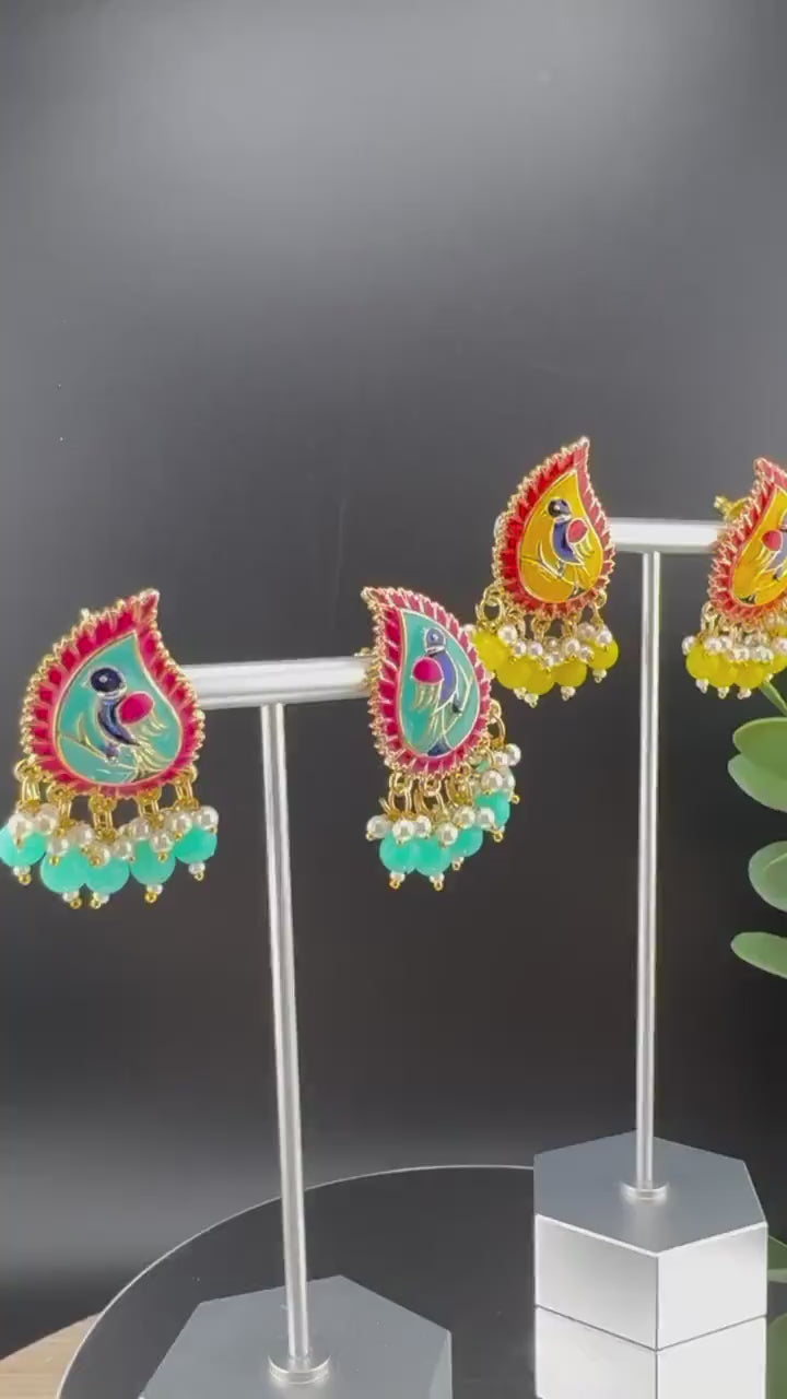 Minakari Small Stud with peacock design and pearls, Minakari detailed Gold earring