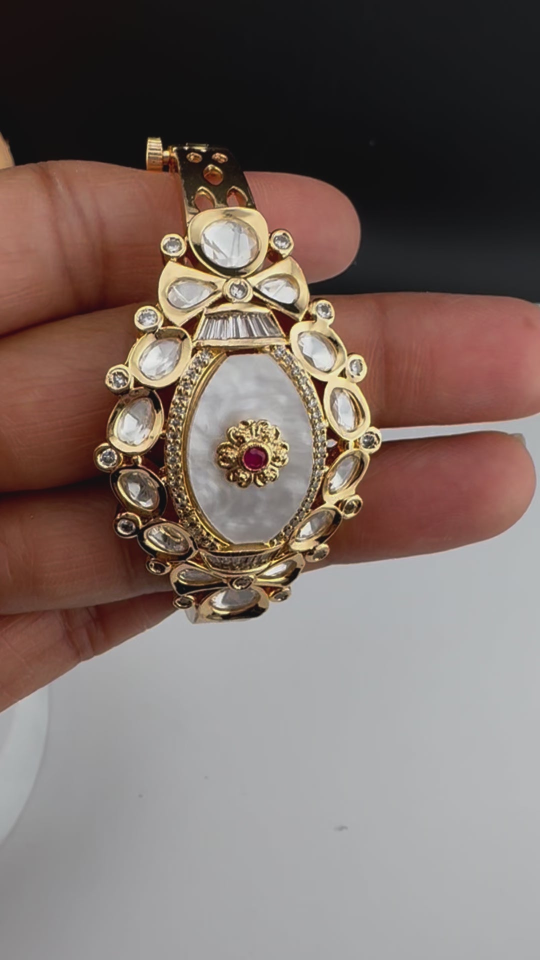 Premium Quality Moissanite Kundan, Mother Of Pearls is Designer inspired Bracelet/Adjustable broad Bracelet/Indian jewelry/Golden Bracelet