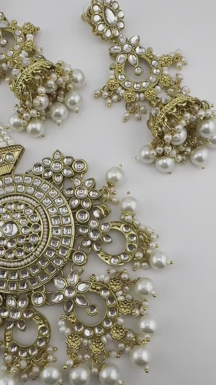 Kundan Bridal Long Necklace Set with Jhumka and Tikka