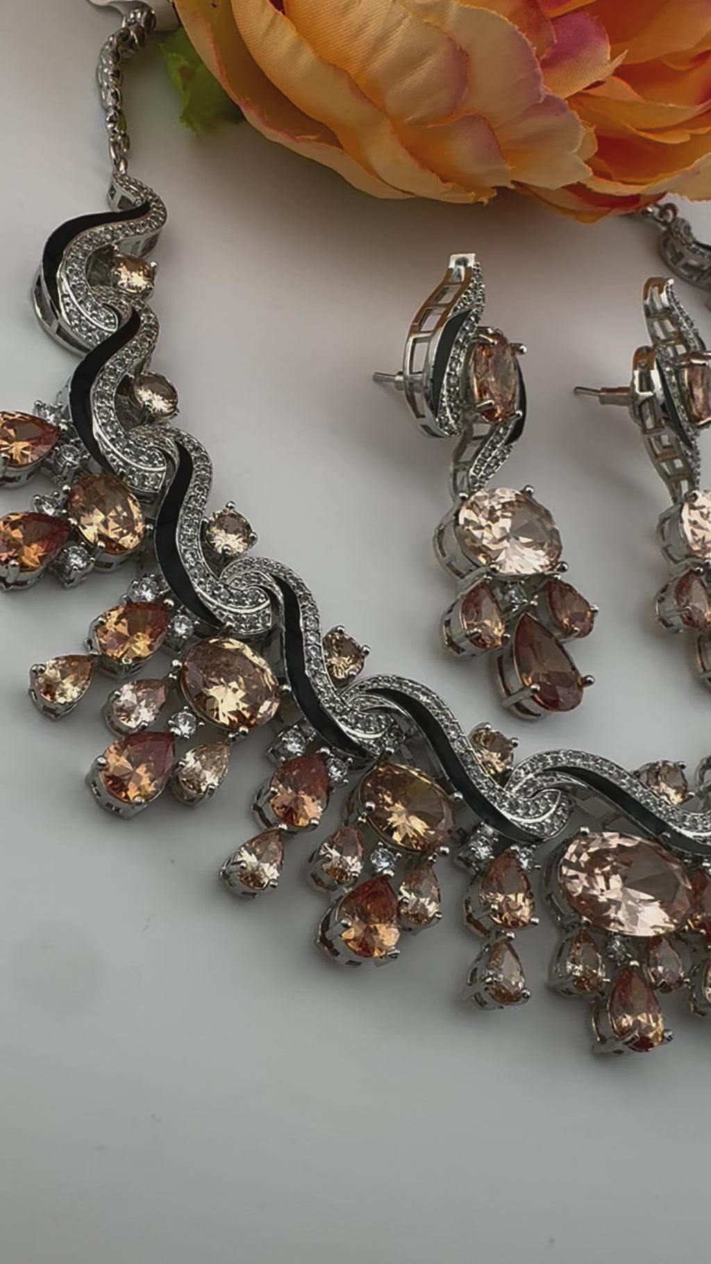 Premium Unique Swarovski Inspired Crystals and CZ champagne Bridal Necklace set with long earring/Indian jewelry/Collar Bridal Necklace set