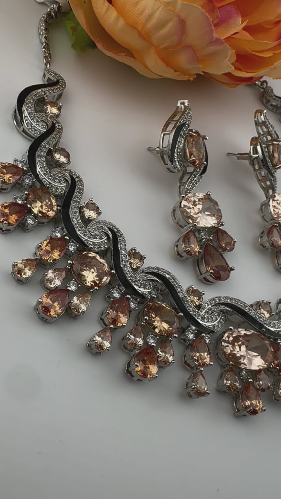 Premium Unique Swarovski Inspired Crystals and CZ champagne Bridal Necklace set with long earring/Indian jewelry/Collar Bridal Necklace set