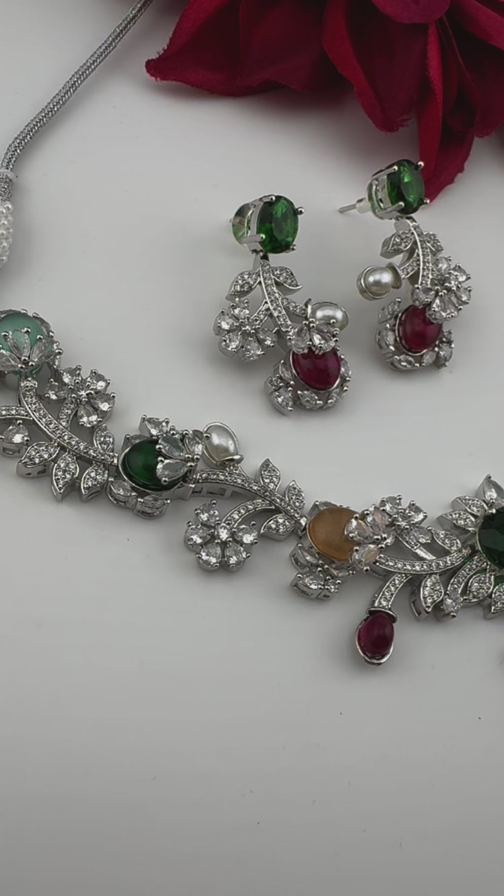 Green Premium American Diamond, Cubic Zirconia, Stones and Pearls Floral Necklace with earrings