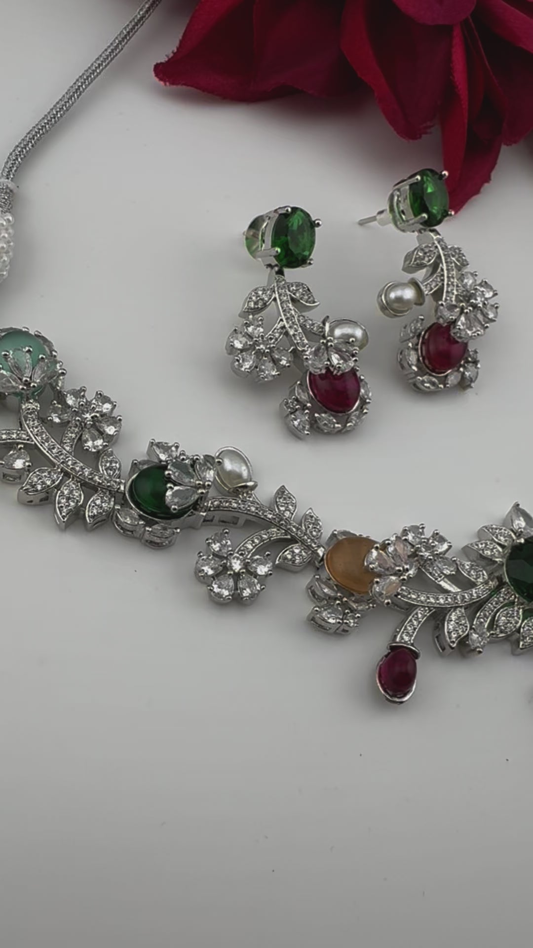 Green Premium American Diamond, Cubic Zirconia, Stones and Pearls Floral Necklace with earrings
