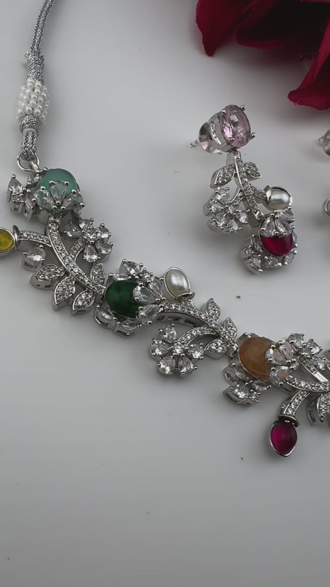 Pink Premium American Diamond, Cubic Zirconia, stones and Pearls Floral Necklace with earrings