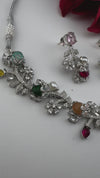 Pink Premium American Diamond, Cubic Zirconia, stones and Pearls Floral Necklace with earrings