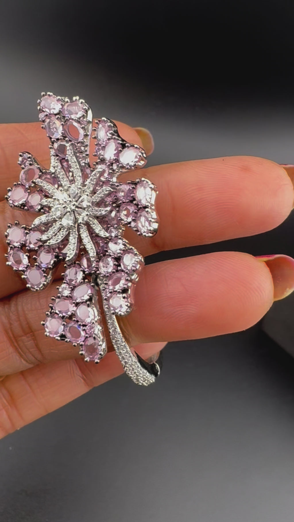 Single Silver Openable Designer bracelet with crystal stones, Cubic Zirconia, pearls in unique setting/single bangle/Fits size upto 2.6"