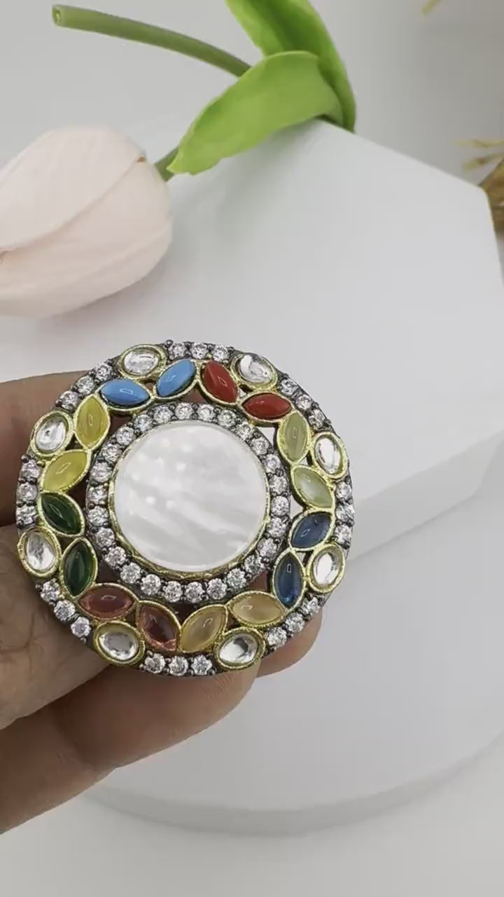 Adjustable Finger Ring with MOP, Multicolor stones, Victorian