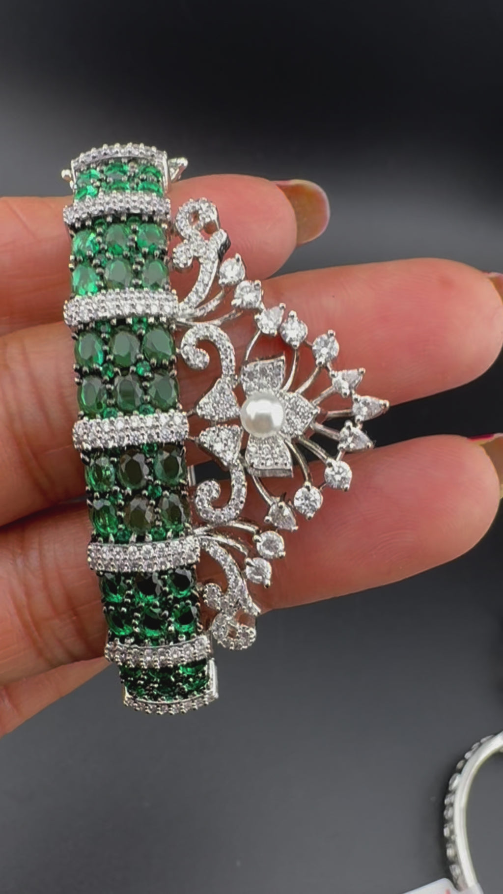 Single Silver Openable Designer bracelet with crystal stones, Cubic Zirconia, pearls in unique setting/single bangle/Fits size upto 2.6"