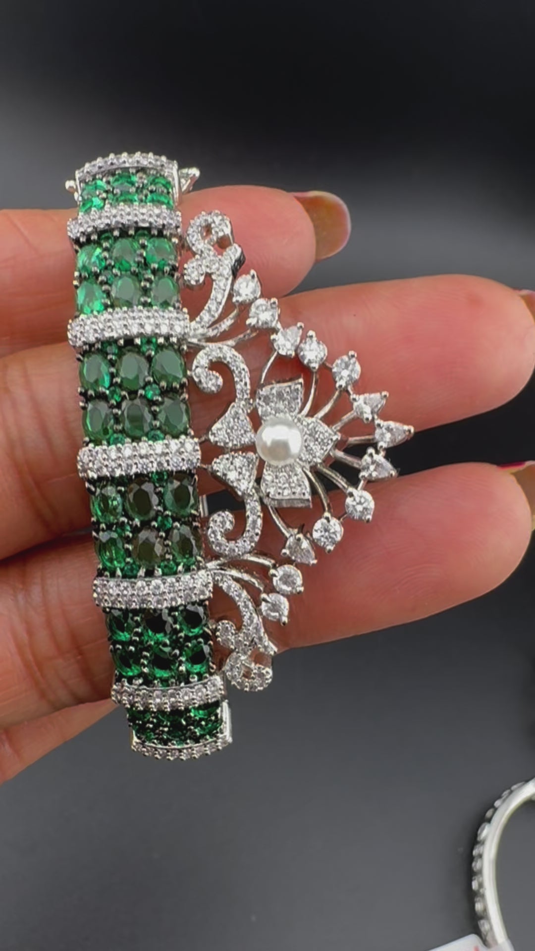 Single Silver Openable Designer bracelet with crystal stones, Cubic Zirconia, pearls in unique setting/single bangle/Fits size upto 2.6"