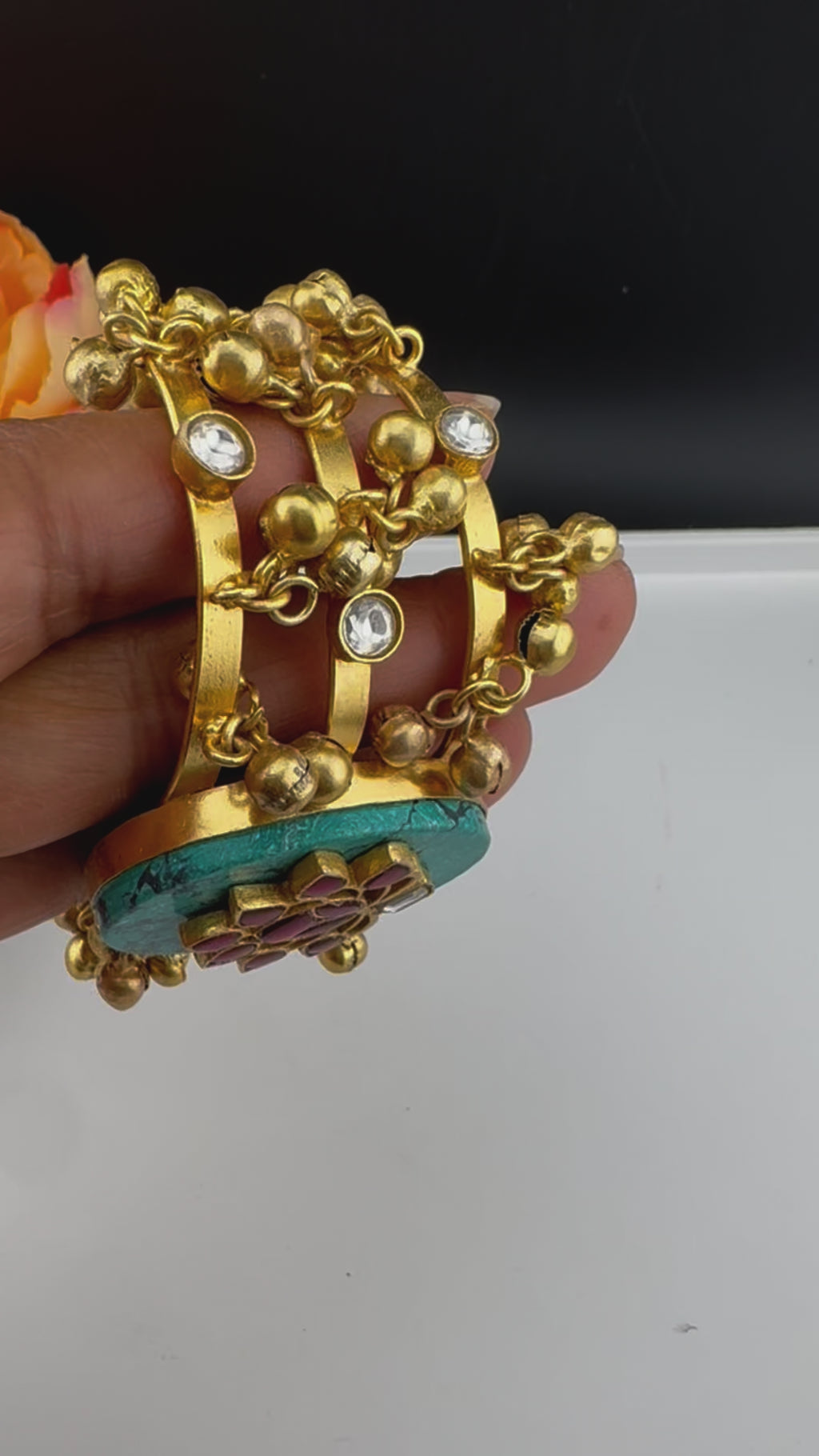 Premium Quality Matt Gold cuff in Turquoise stone, pachi kundan, Ghungroo Open Cuff Bracelet Bangle/Indian jewelry/Golden Bracelet Bangle