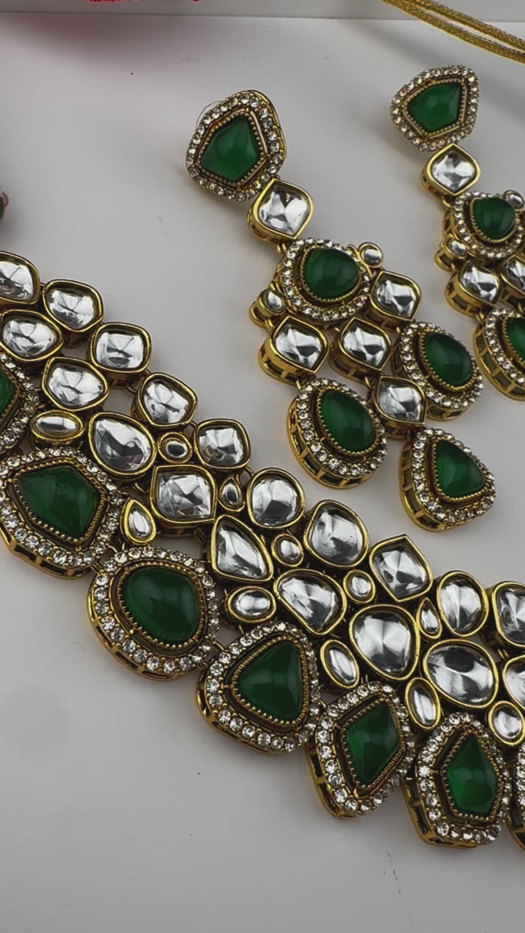 Green Premium Quality Moissanite Uncut Kundan, natural stones with long earrings and tikka is Bridal necklace set/Indian Necklace set