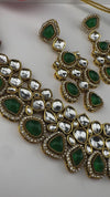 Green Premium Quality Moissanite Uncut Kundan, natural stones with long earrings and tikka is Bridal necklace set/Indian Necklace set