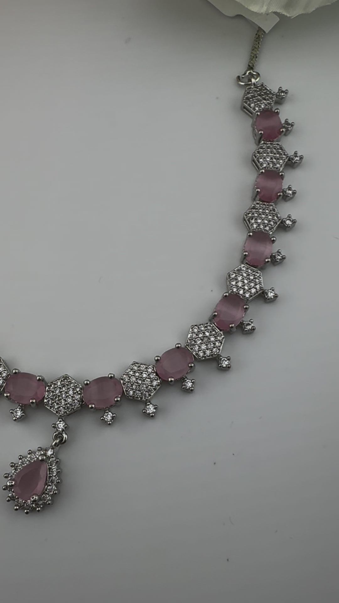 Premium Silver Polish American Diamond, Cubic Zirconia, glass stone Sleek Necklace set with long earrings