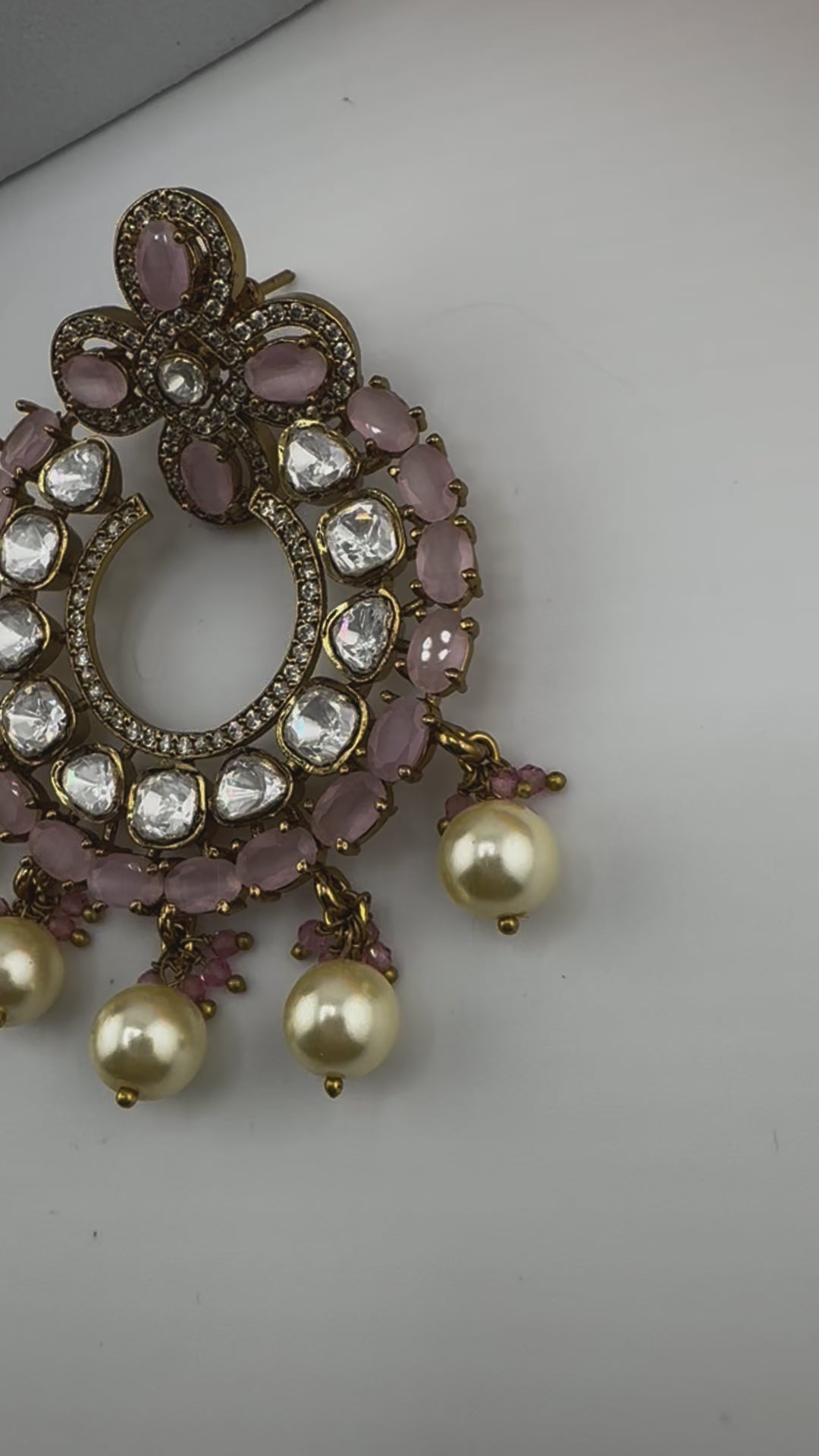 Premium Moissanite Kundan with Pink stones, CZ, Pearls designer Chandelier Earrings