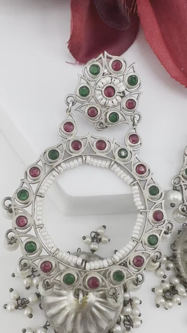 Oversized Oxidized German Silver Premium Jhumka earrings with Pink Monalisa stone