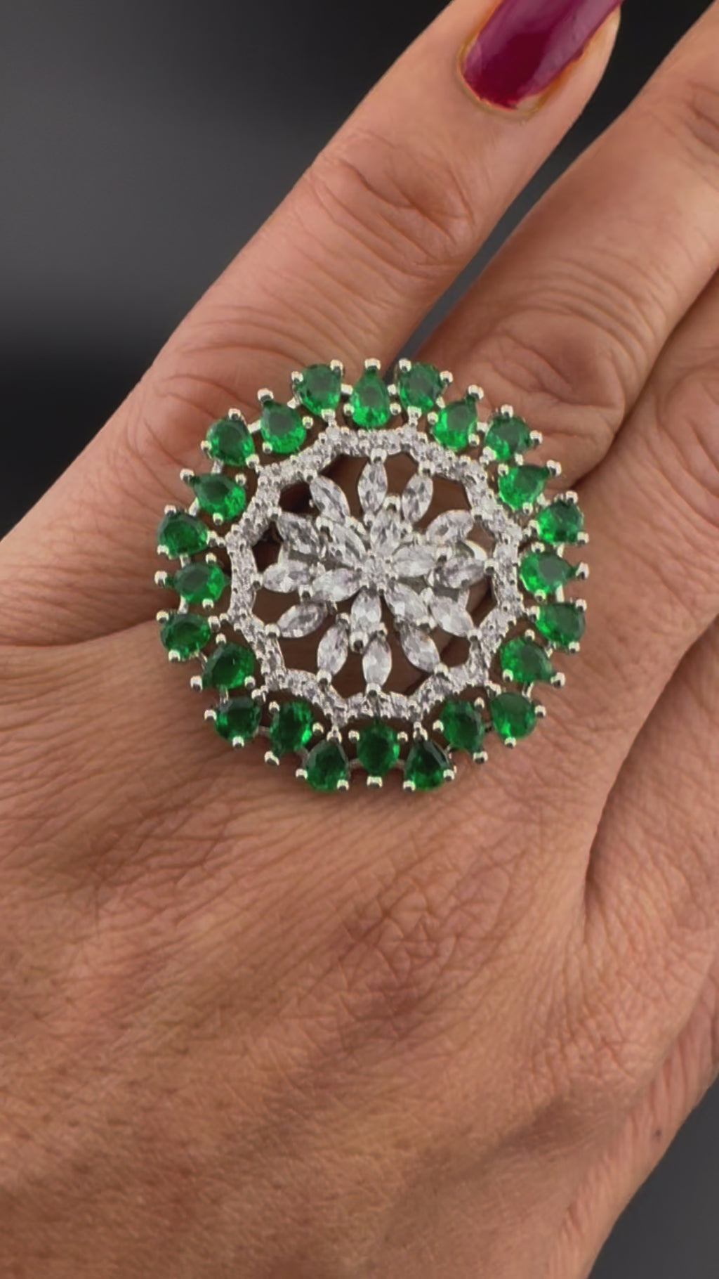 Premium Silver color Adjustable Big Ring in Crystals and Cubic Zirconia in Unique Design