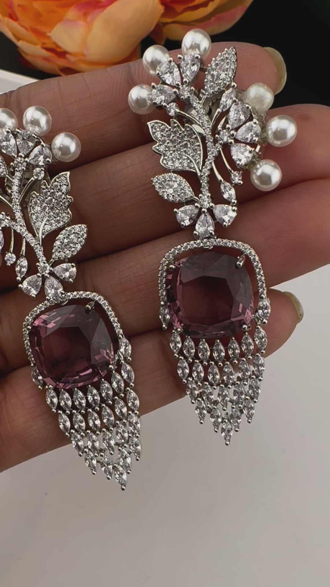 Premium Nano Setting Cubic Zirconia with Pearls is designer Inspired Statement Drop Dangle Long earring