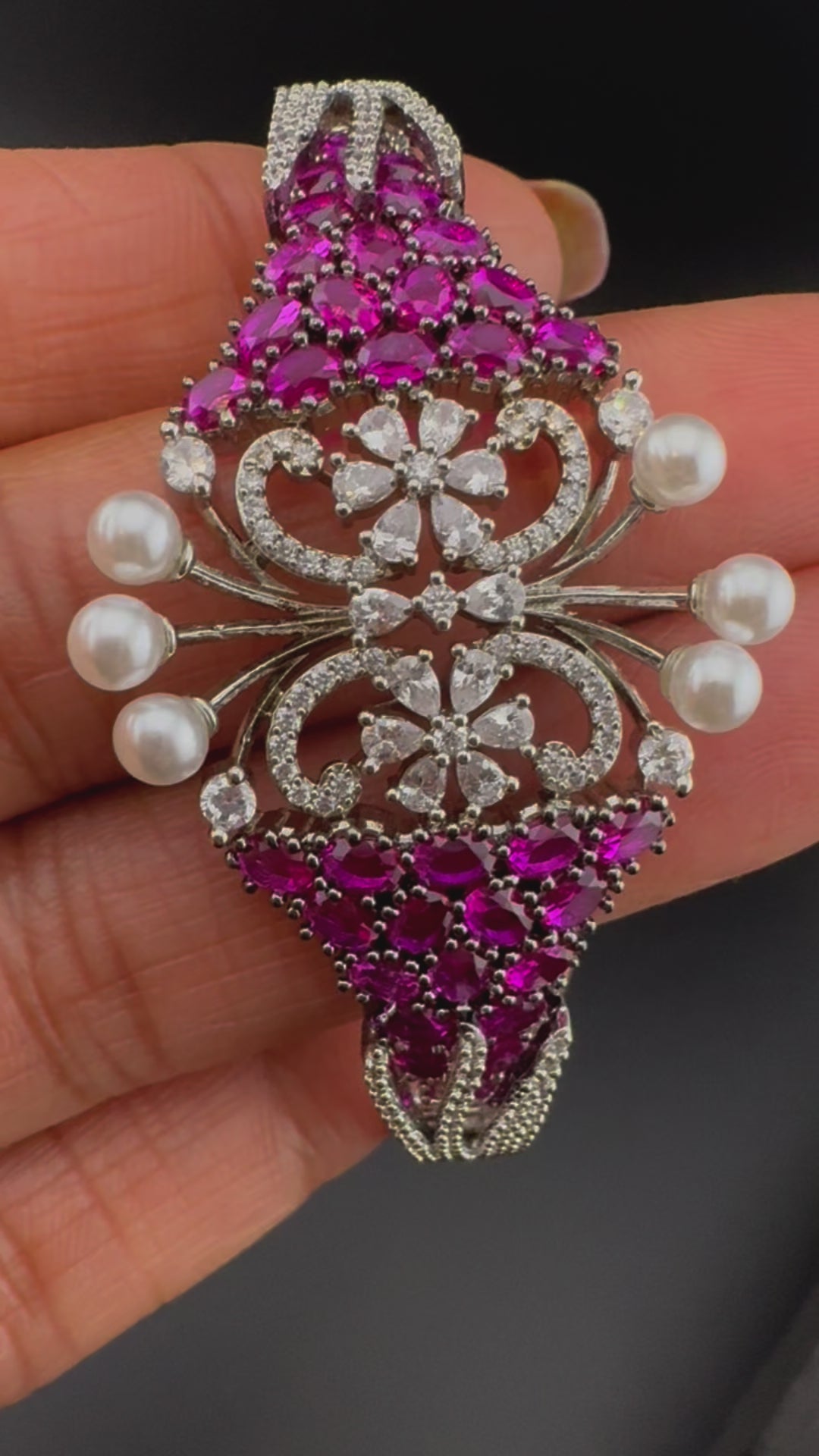 Single Silver Openable Designer bracelet with crystal stones, Cubic Zirconia, pearls in unique setting/single bangle/Fits size upto 2.6"