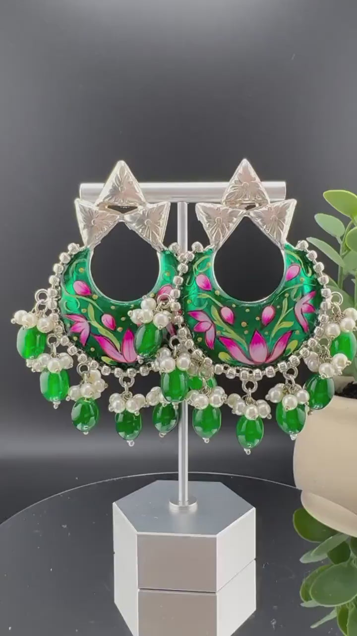 High Polish Minakari Oxidized German silver Chand Bali, Emerald Green