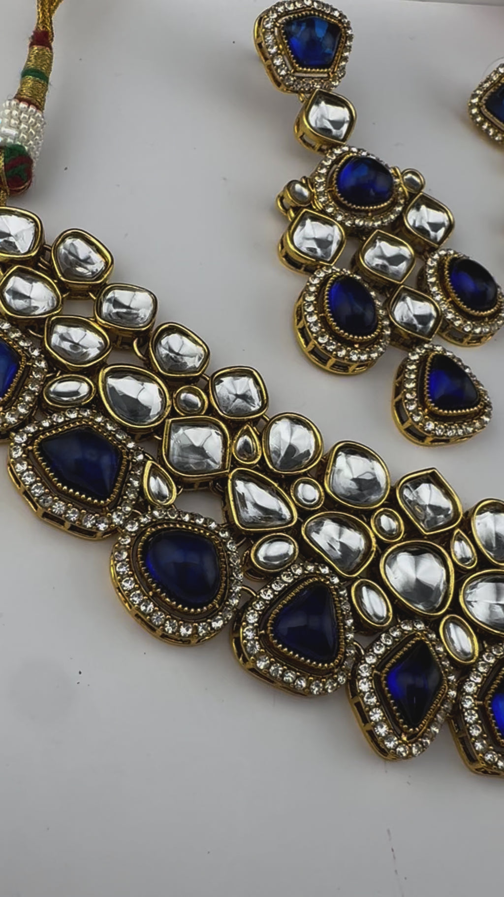 Blue Premium Quality Moissanite Uncut Kundan, natural stones with long earrings and tikka is Bridal necklace set/Indian Necklace set