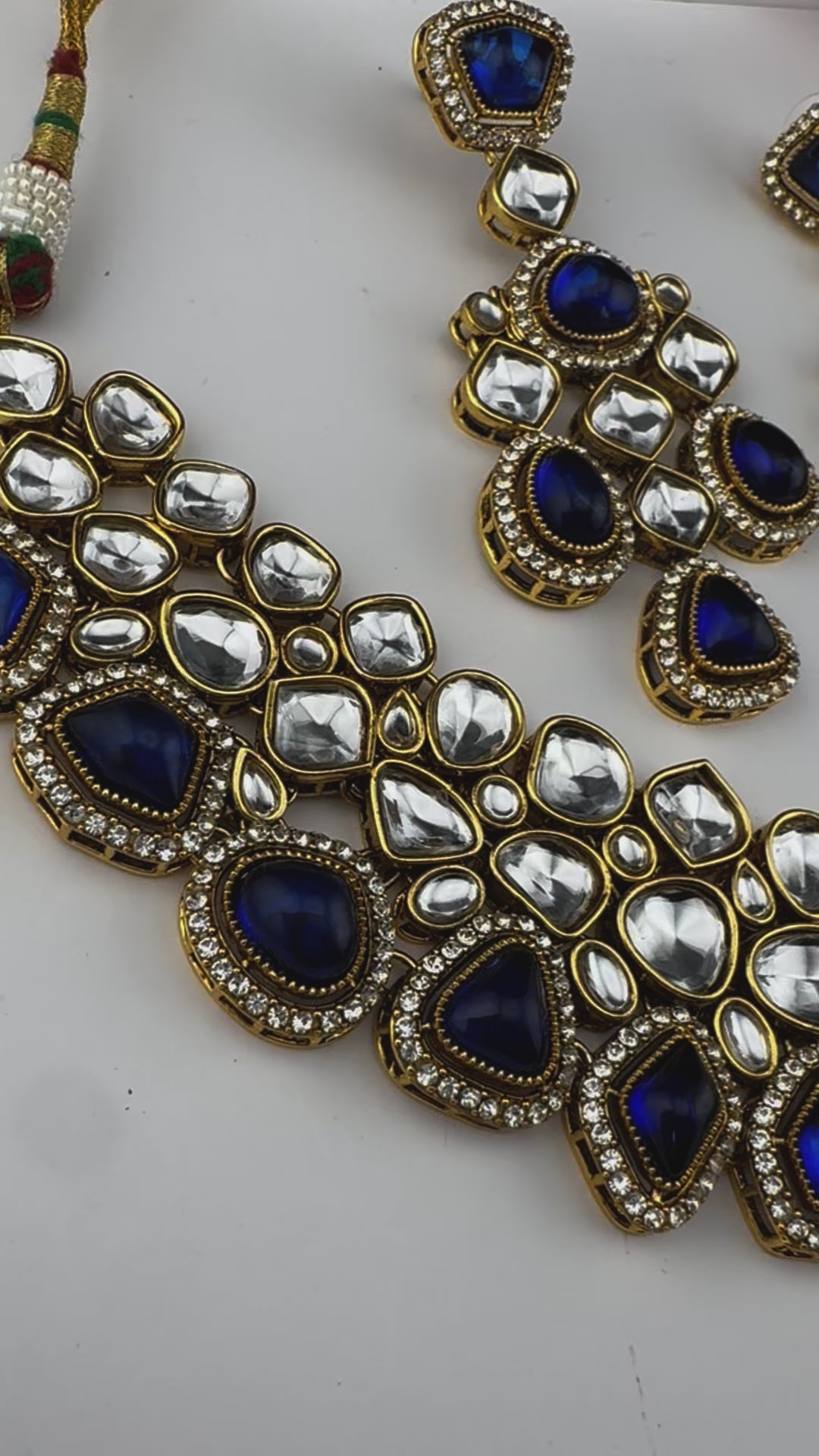 Blue Premium Quality Moissanite Uncut Kundan, natural stones with long earrings and tikka is Bridal necklace set/Indian Necklace set