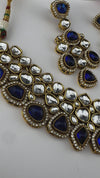 Blue Premium Quality Moissanite Uncut Kundan, natural stones with long earrings and tikka is Bridal necklace set/Indian Necklace set