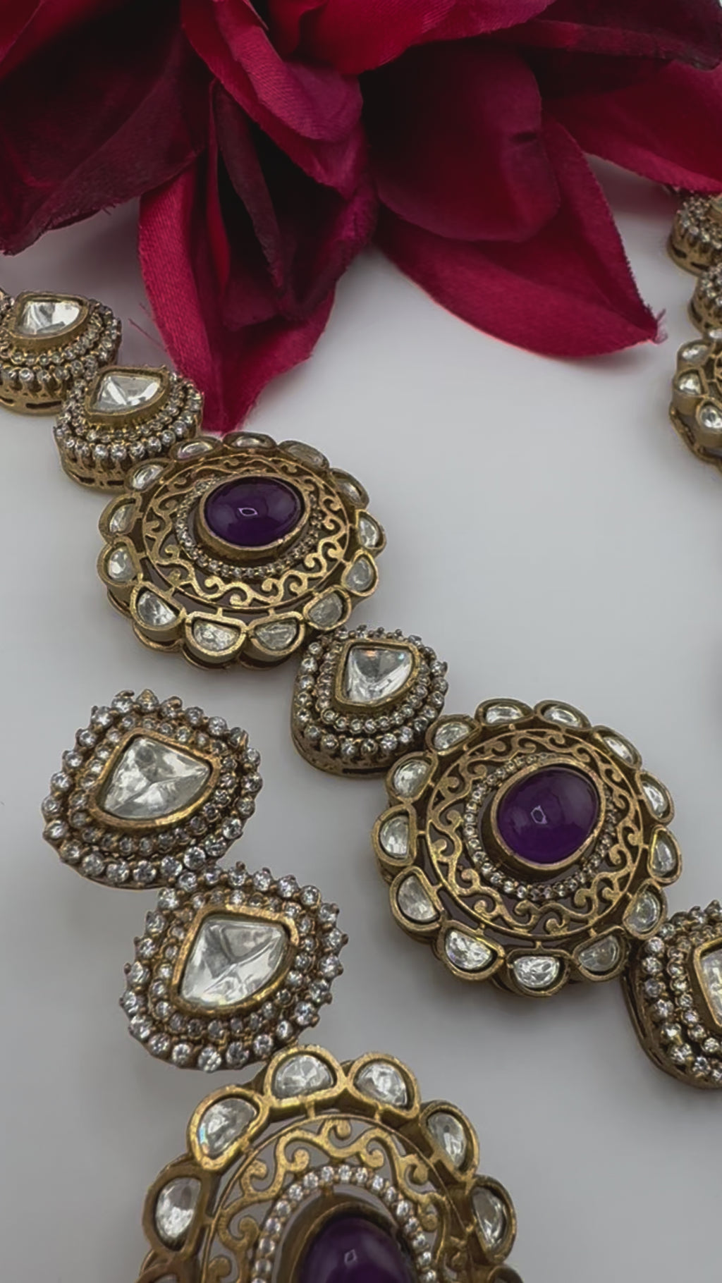 Amrapali inspired Premium fusion Necklace set in Moissanite, uncut Kundan, CZ and Doublet stones in matt gold finish with earrings