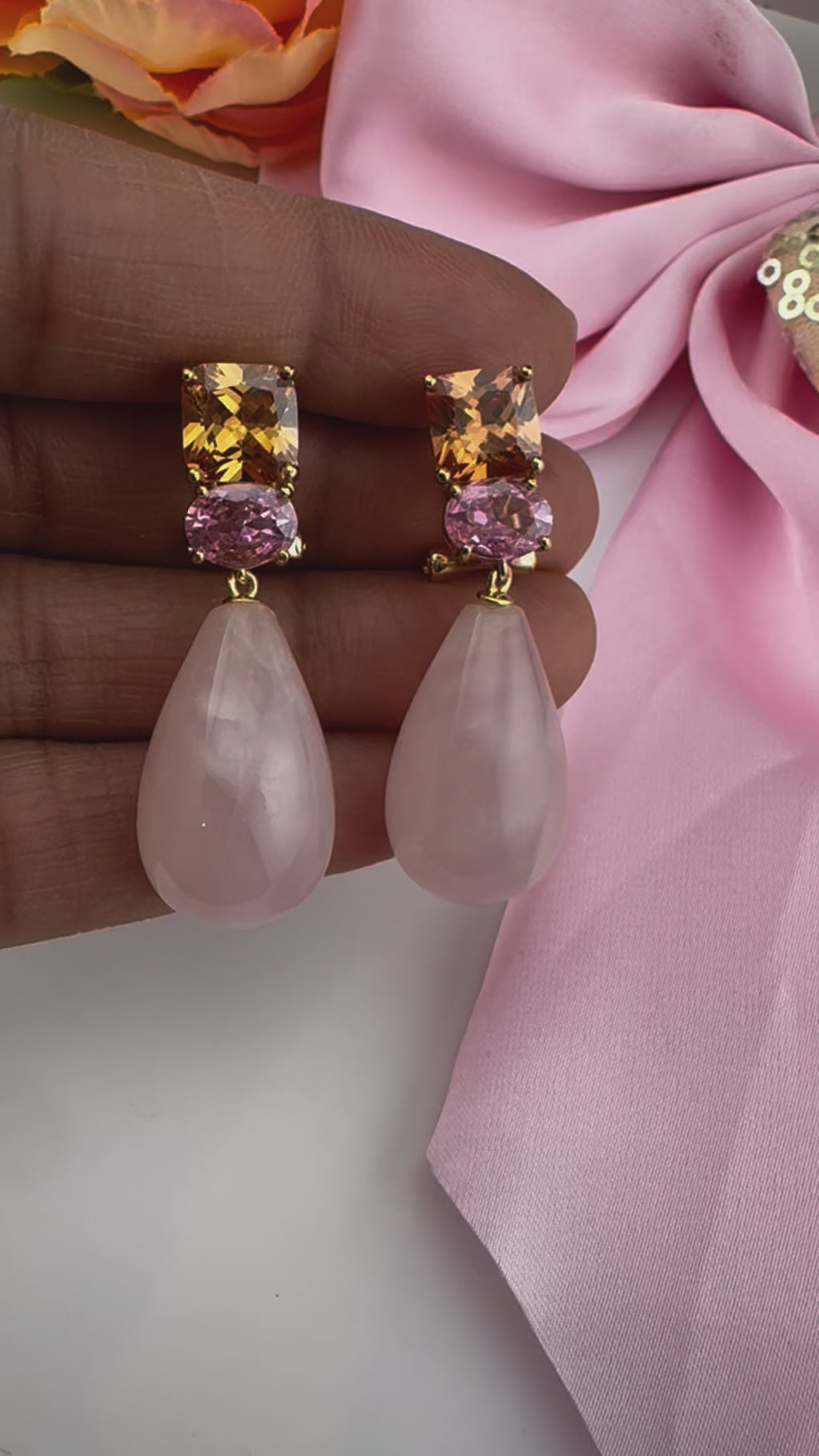 Premium 925 silver polish Pink Natural stone, CZ, Drop earring is designer inspired Drop Dangle earrings/Unique earrings/Indian Jewelry