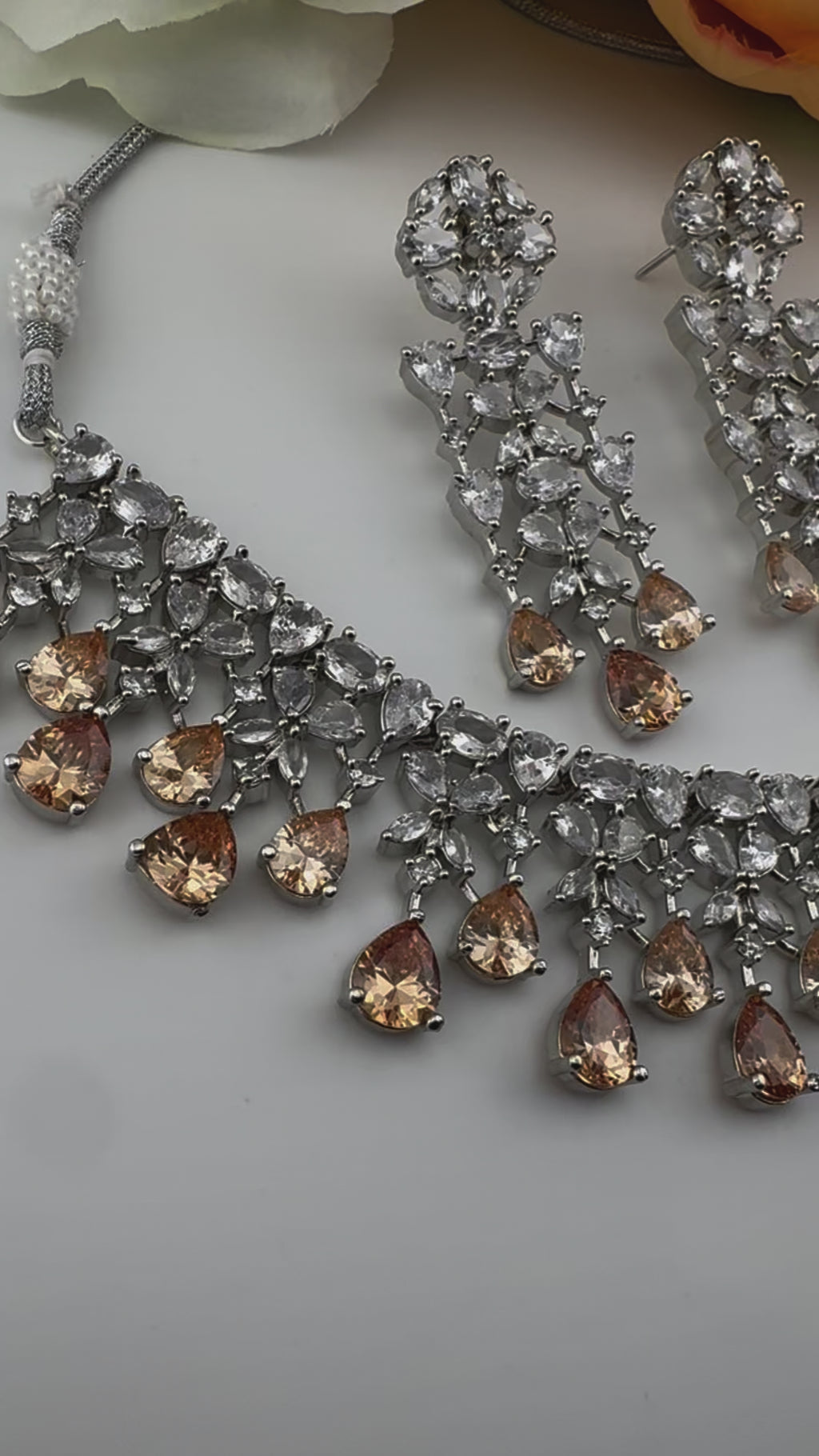 Champagne Premium Designer Necklace set with Swarovski crystals, Cubic Zirconia, Bridal Wear Necklace