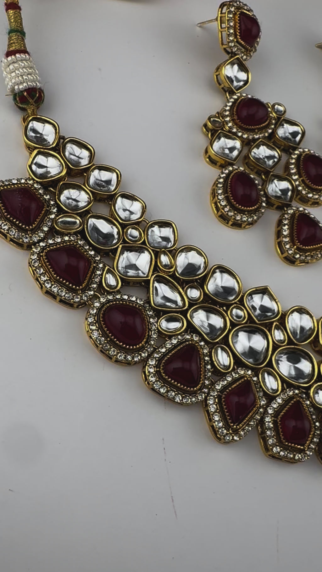 Red Premium Quality Moissanite Uncut Kundan, natural stones with long earrings and tikka is Bridal necklace set/Indian Necklace set