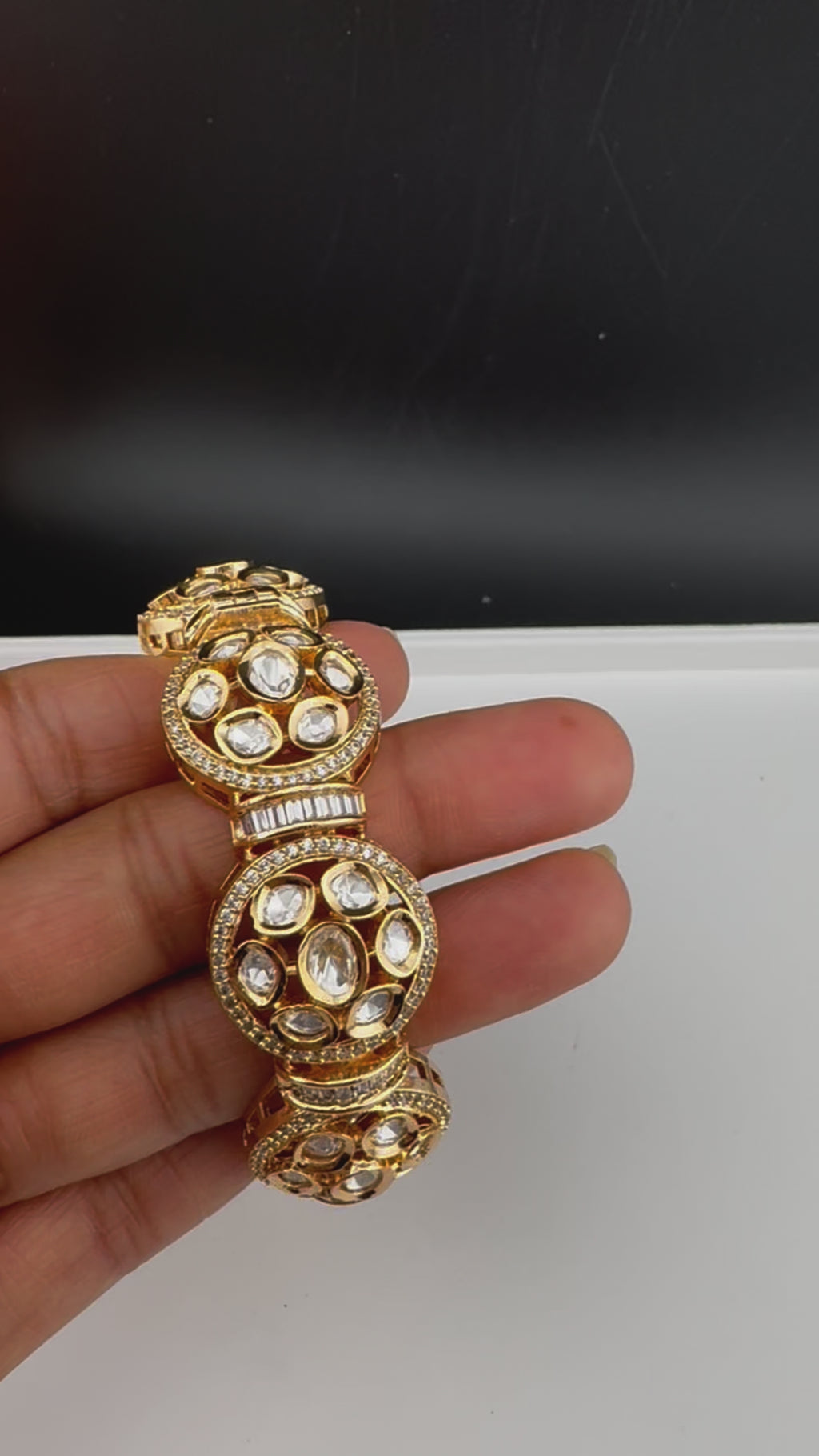 Premium Quality Moissanite Kundan Tyaani inspired Designer Openable Bracelet/Adjustable broad Bracelet Bangle/Indian jewelry/Golden Bracelet