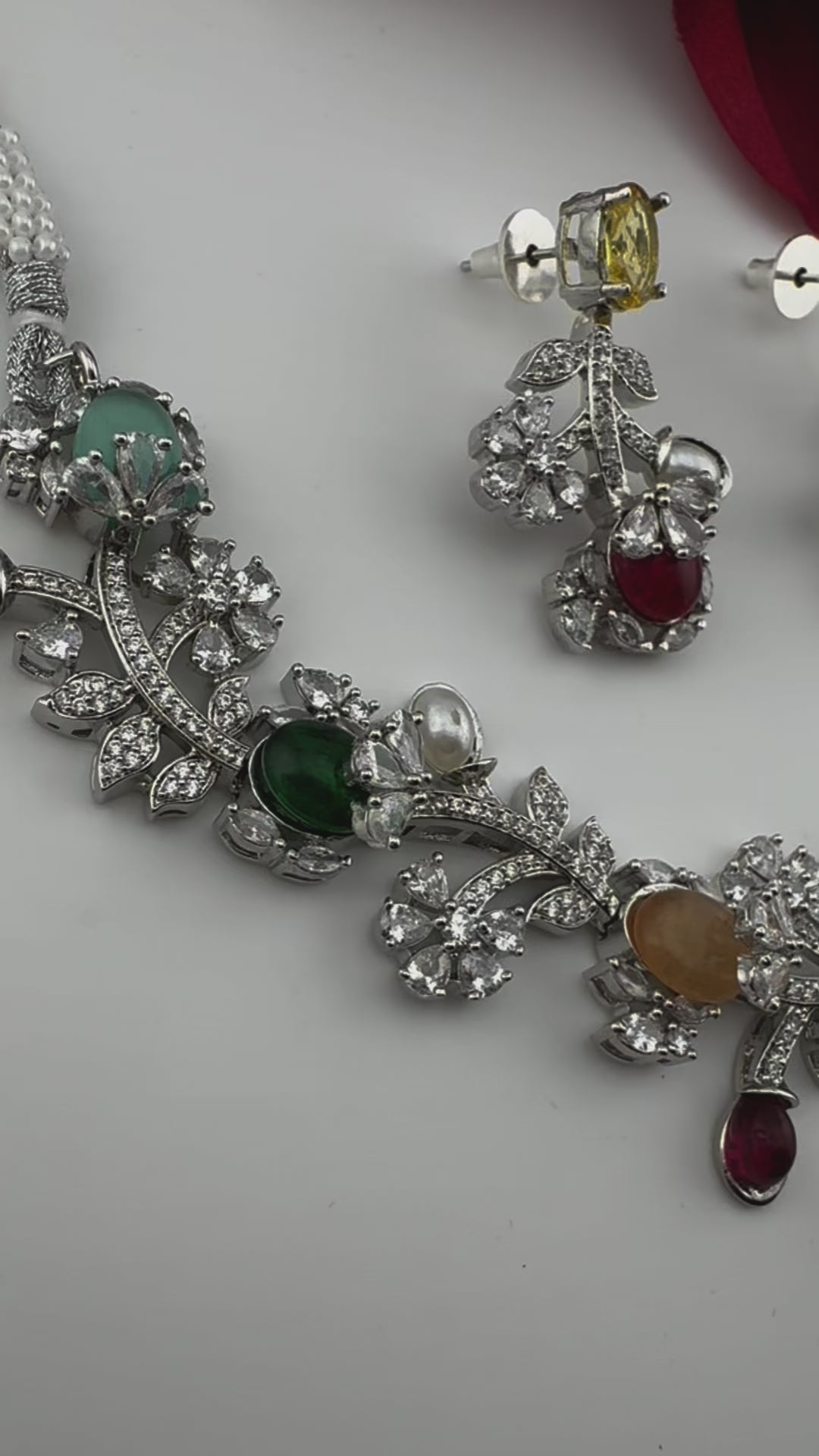 Yellow Premium American Diamond, Cubic Zirconia, Stones and Pearls Floral Necklace with earrings