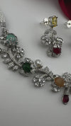 Yellow Premium American Diamond, Cubic Zirconia, Stones and Pearls Floral Necklace with earrings