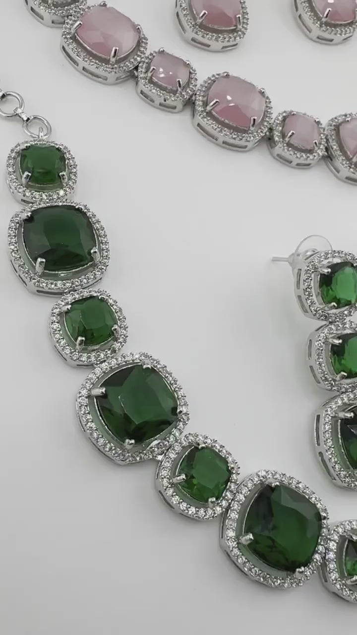 Monalisa stone American Diamond, Cubic Zirconia Necklace Set in Silver Polish