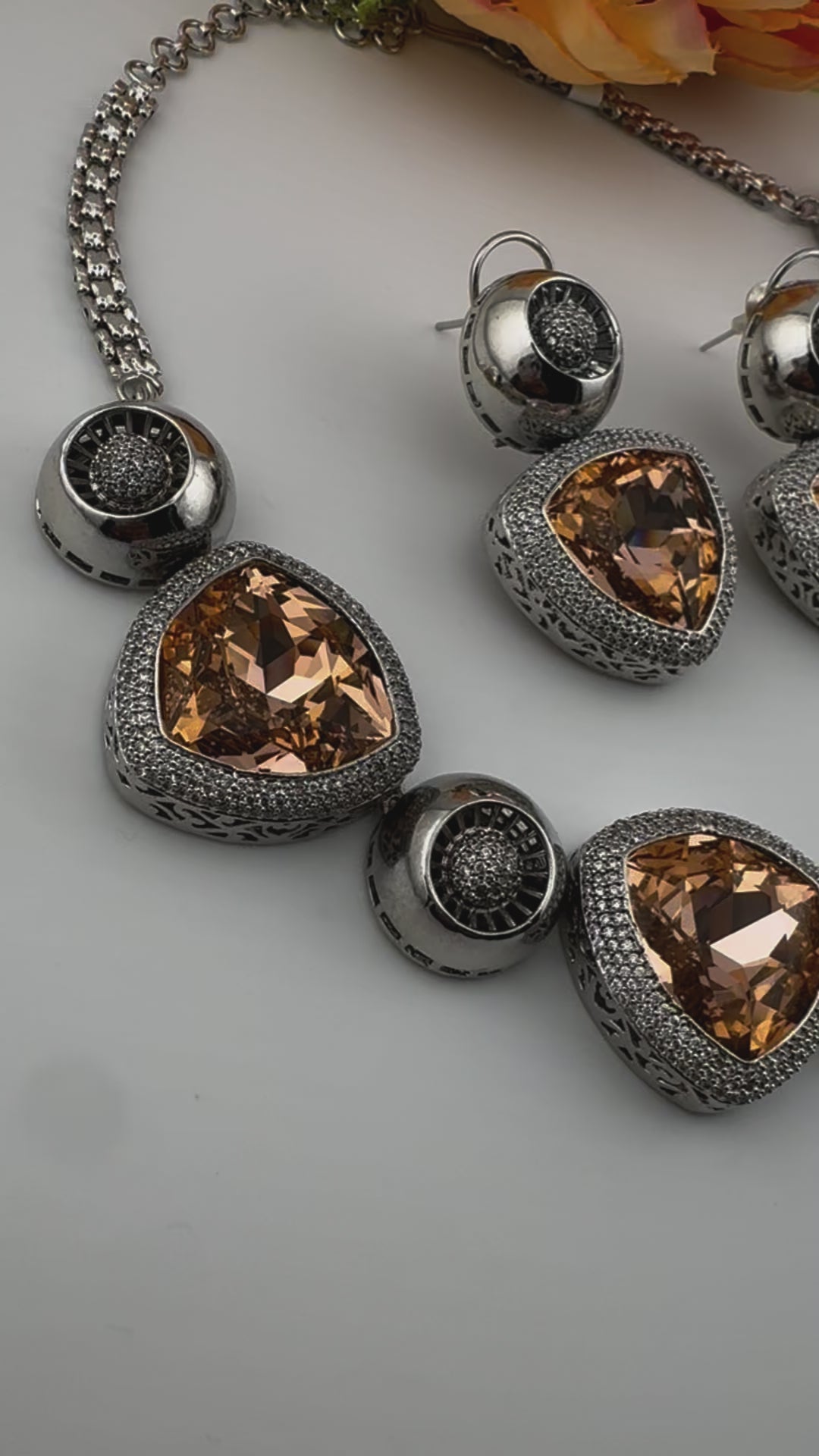 Premium Unique Swarovski Inspired Crystals and CZ champagne Necklace with Stud earrings/Indian jewelry/Collar Necklace/Bridal/Victorian set