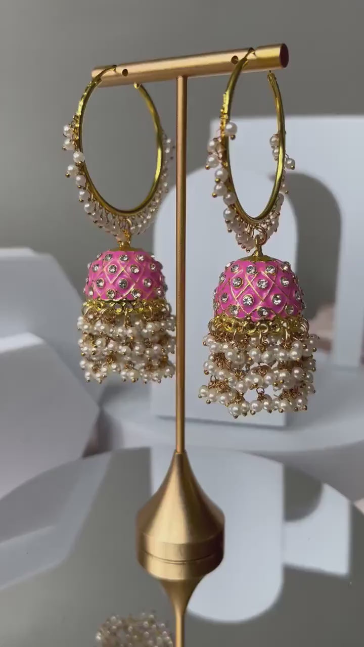Premium Pink Jhumka Earrings with Minakari, CZ and pearls