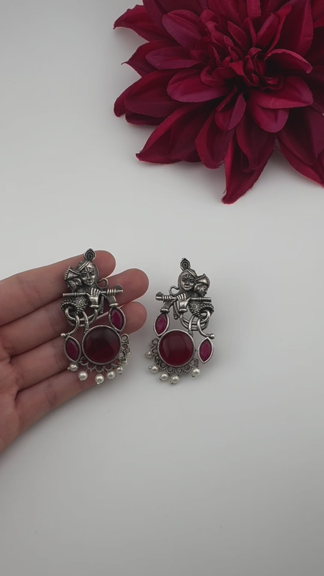 Silver Polish Oxidized German Silver Radhe Krishna Earrings with stones and Pearls