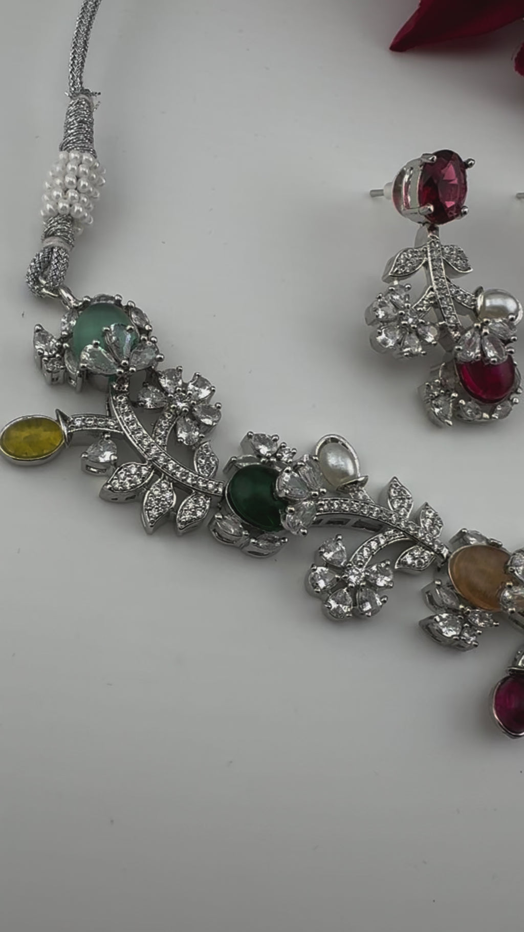 Red Premium American Diamond, Cubic Zirconia, Stones and Pearls Floral Necklace with earrings