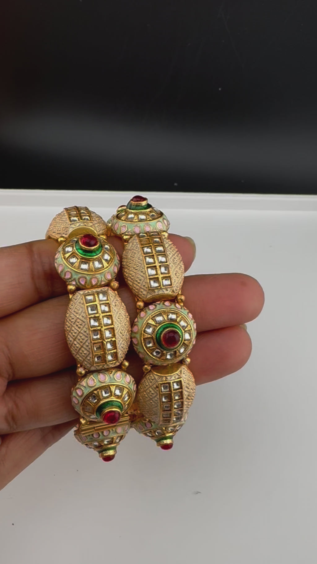 Openable Matt Gold, Enamel, Kundan kada is Amrapali inspired Designer bangles set/Indian Kada/Temple jewelry/Rajwadi Bangle/Size 2.4" & 2.8"