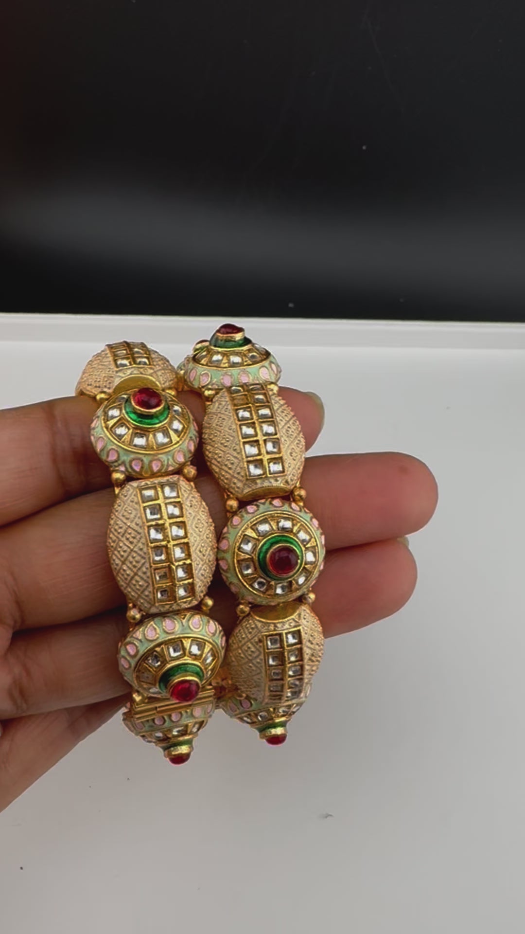 Openable Matt Gold, Enamel, Kundan kada is Amrapali inspired Designer bangles set/Indian Kada/Temple jewelry/Rajwadi Bangle/Size 2.4" & 2.8"