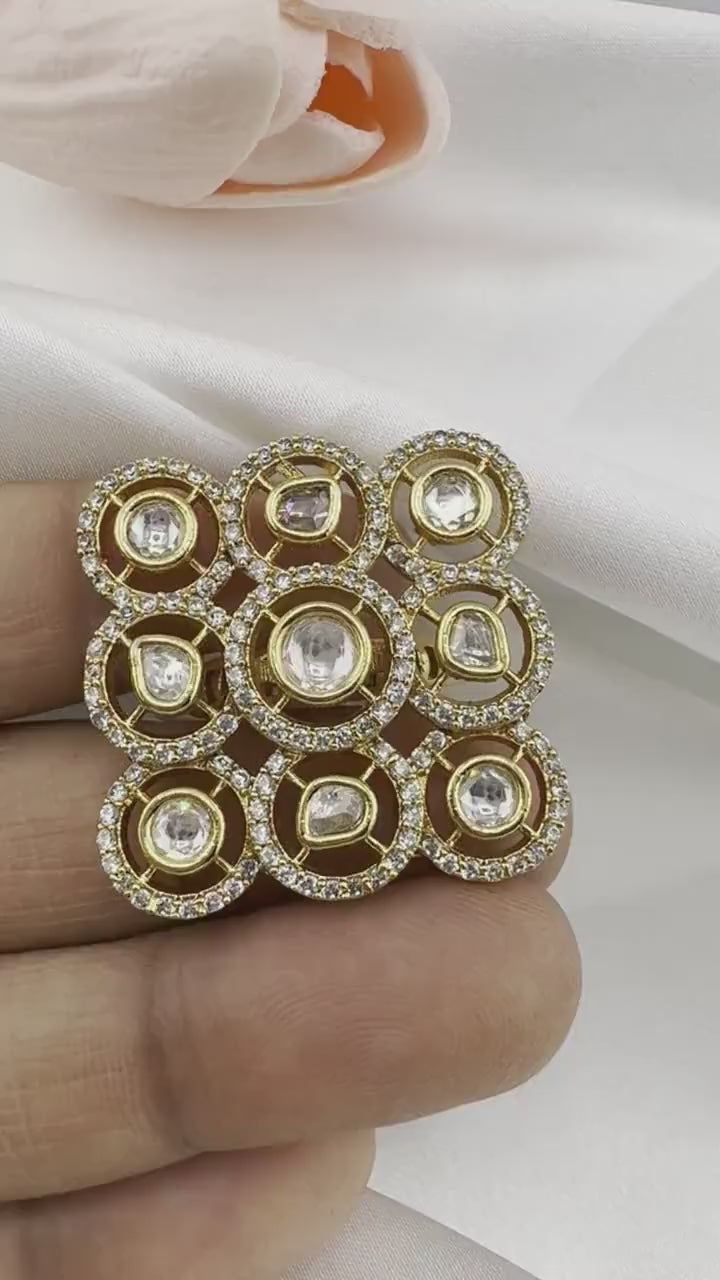 Moissanite Kundan Adjustable Square Finger Ring, Tyaani inspired