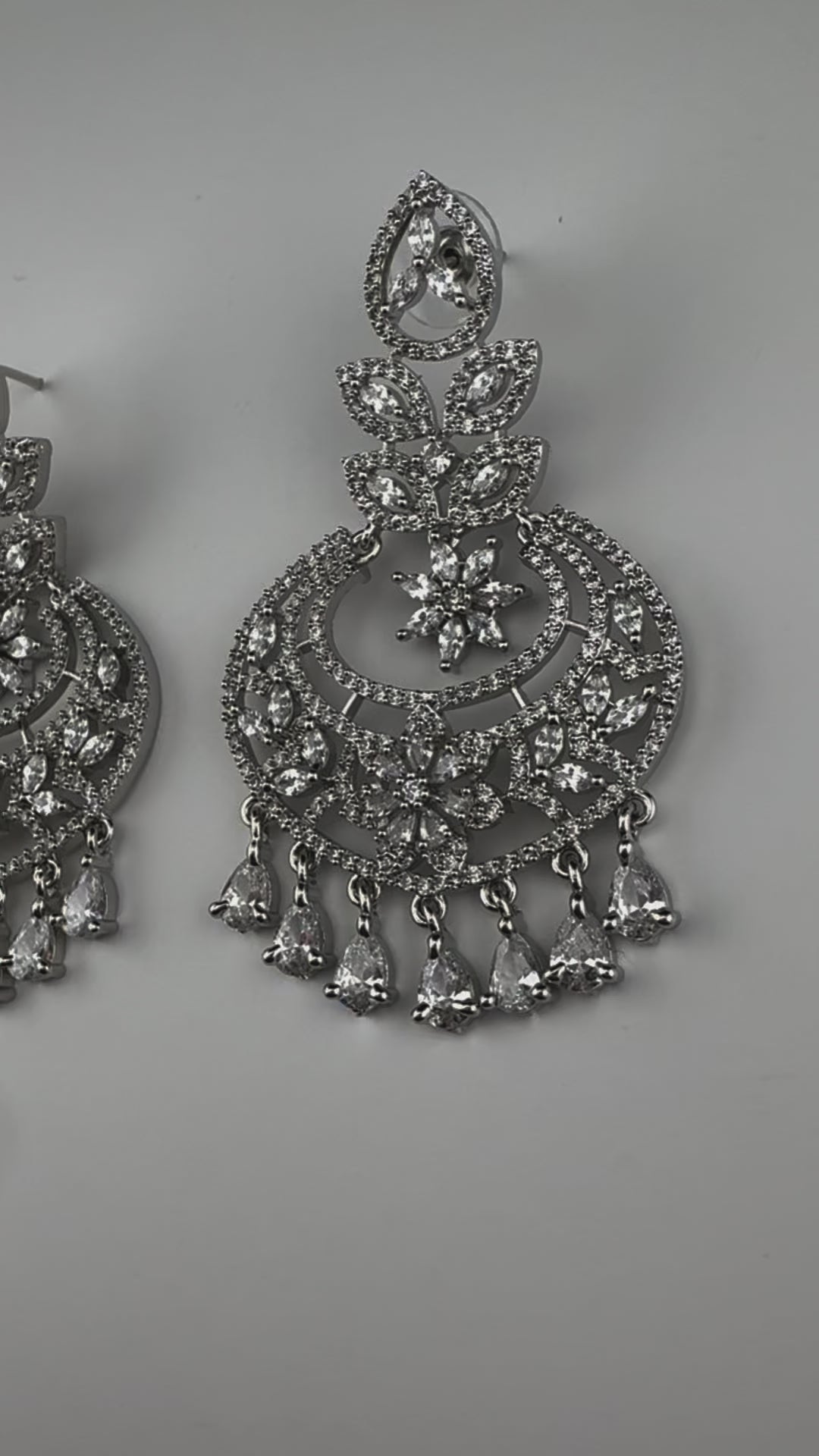 Premium Cubic Zirconia Chandelier chandbali earrings in Crystal stones in silver polish, Long earrings