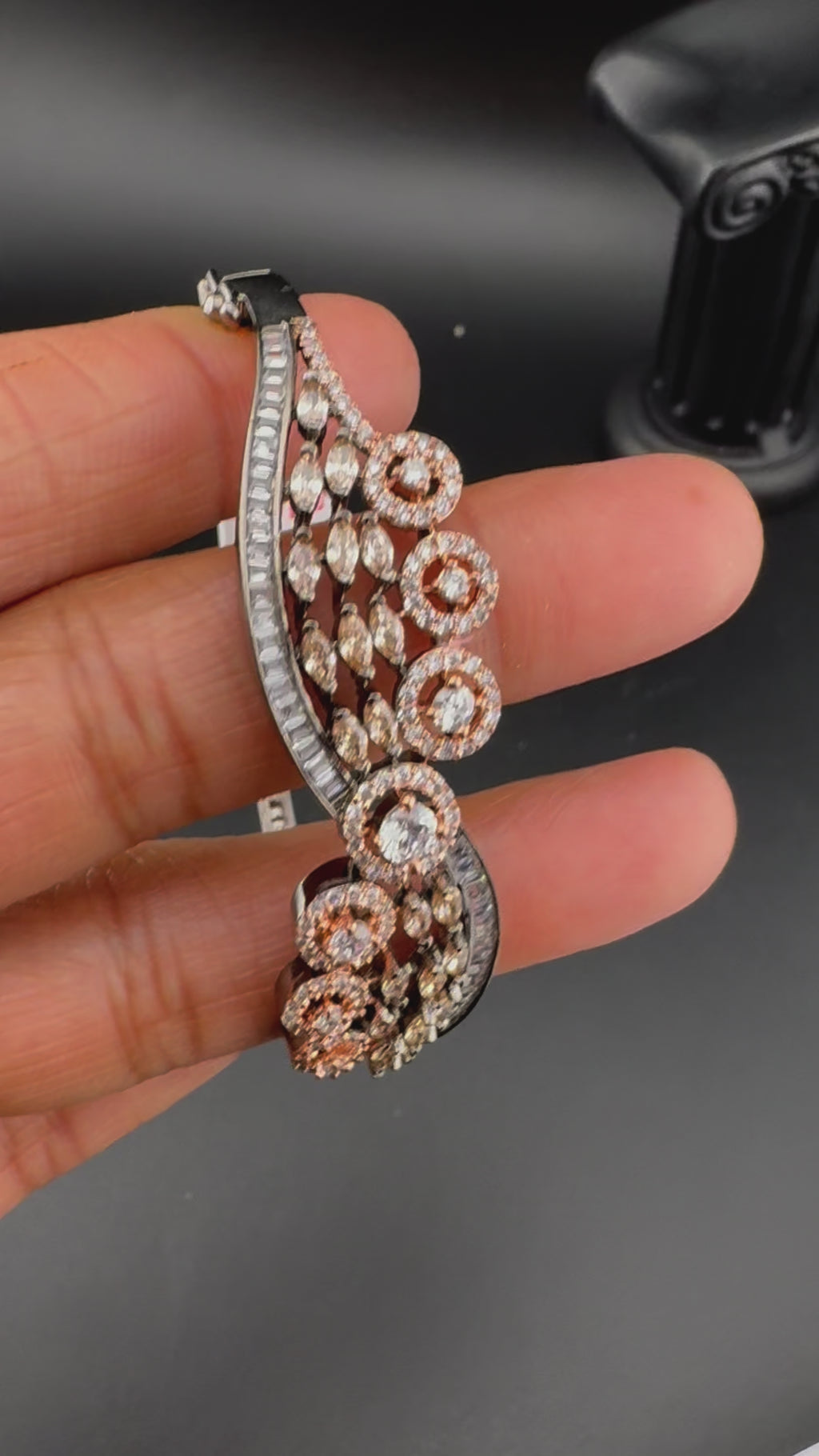 Rose Gold Openable Designer bracelet with crystal stones, Cubic Zirconia in unique Nano setting