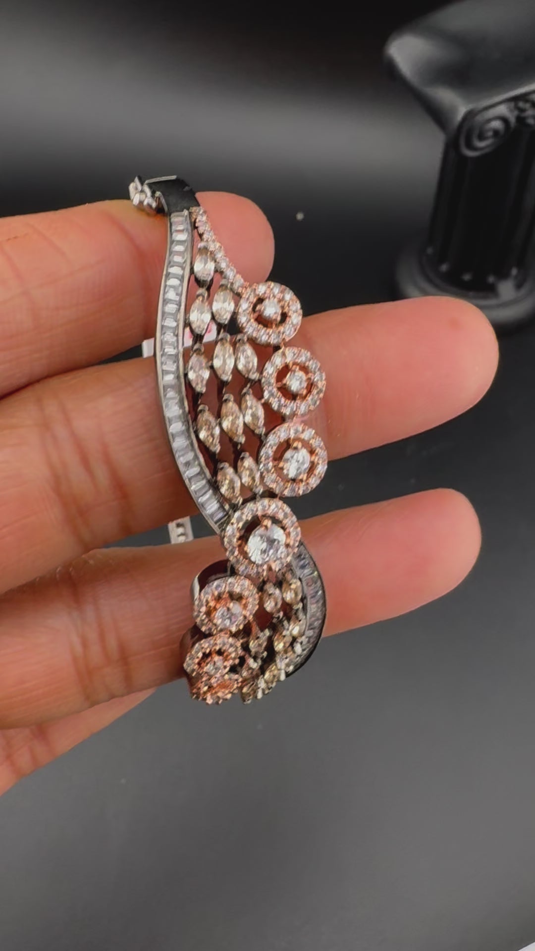 Rose Gold Openable Designer bracelet with crystal stones, Cubic Zirconia in unique Nano setting
