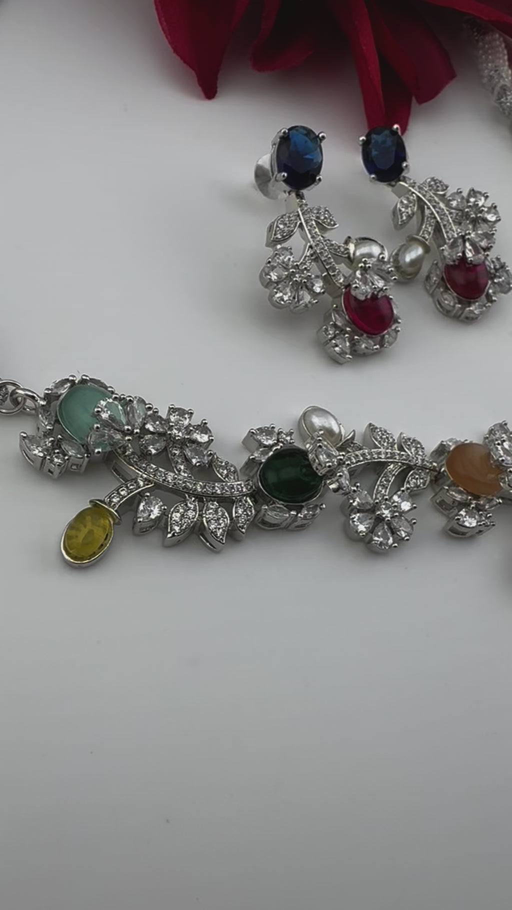 Blue Premium American Diamond, Cubic Zirconia, stones and pearls Floral Necklace with earrings