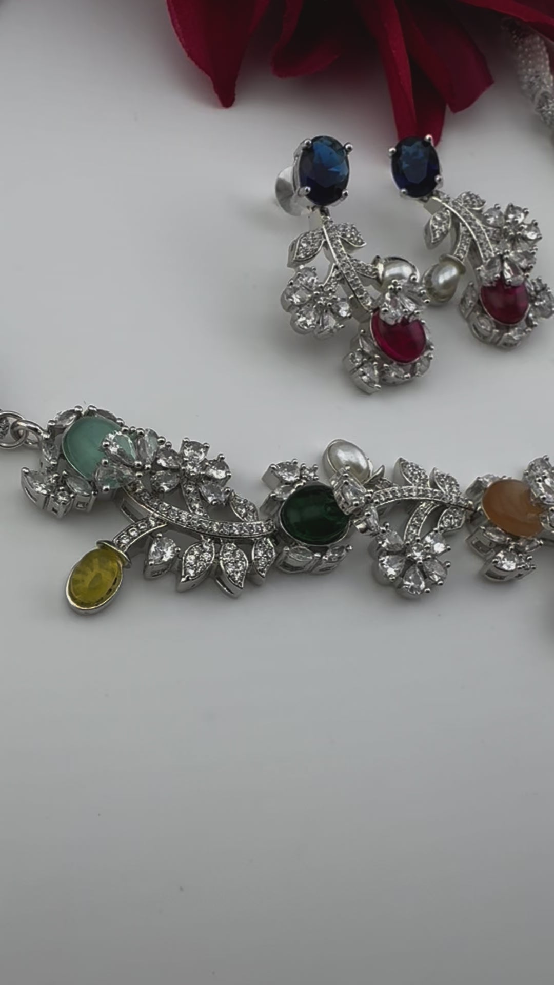 Blue Premium American Diamond, Cubic Zirconia, stones and pearls Floral Necklace with earrings