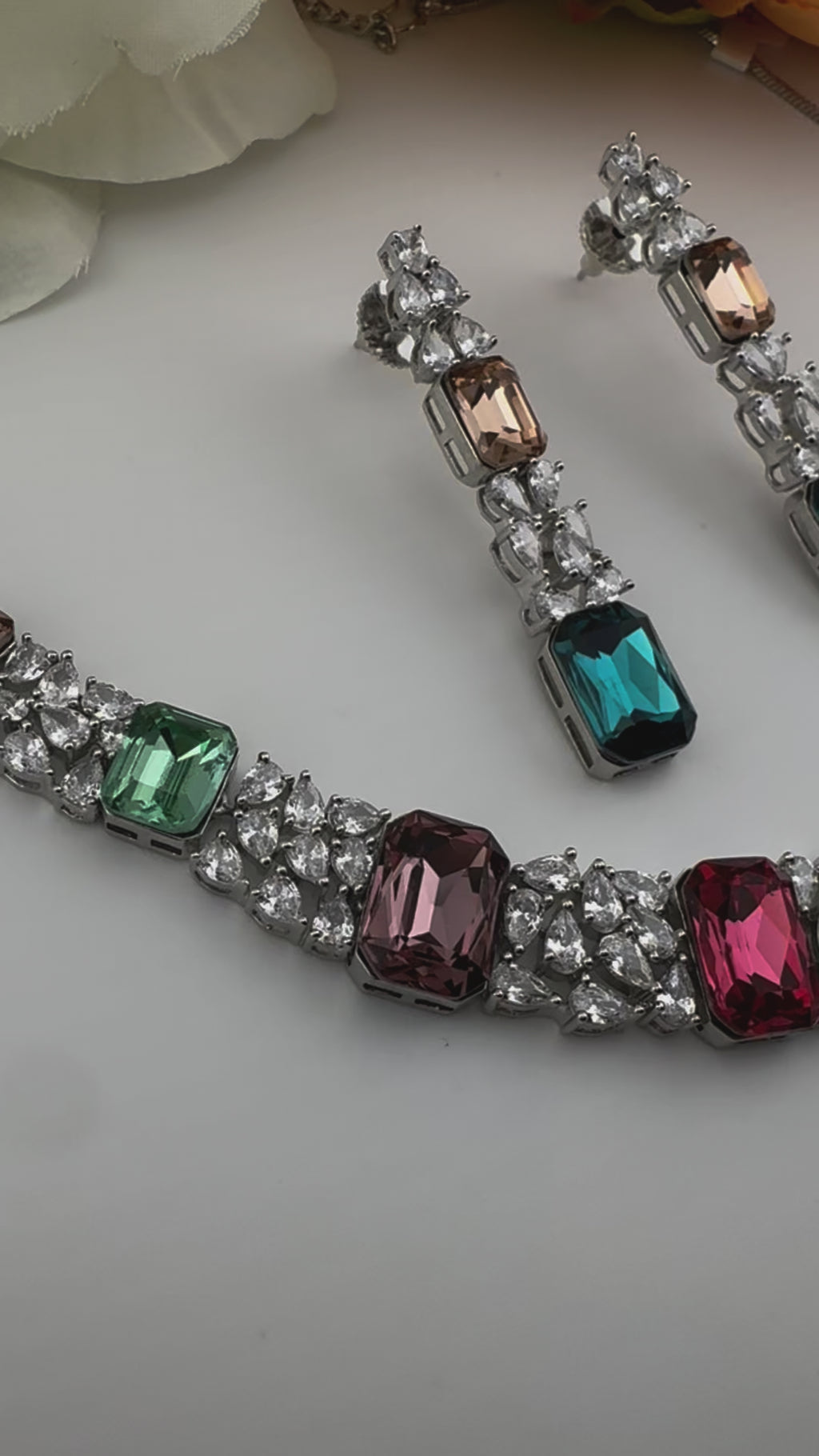 Pink and Multicolor Premium Designer Necklace set with Swarovski crystals, Cubic Zirconia, Bridal Wear Necklace