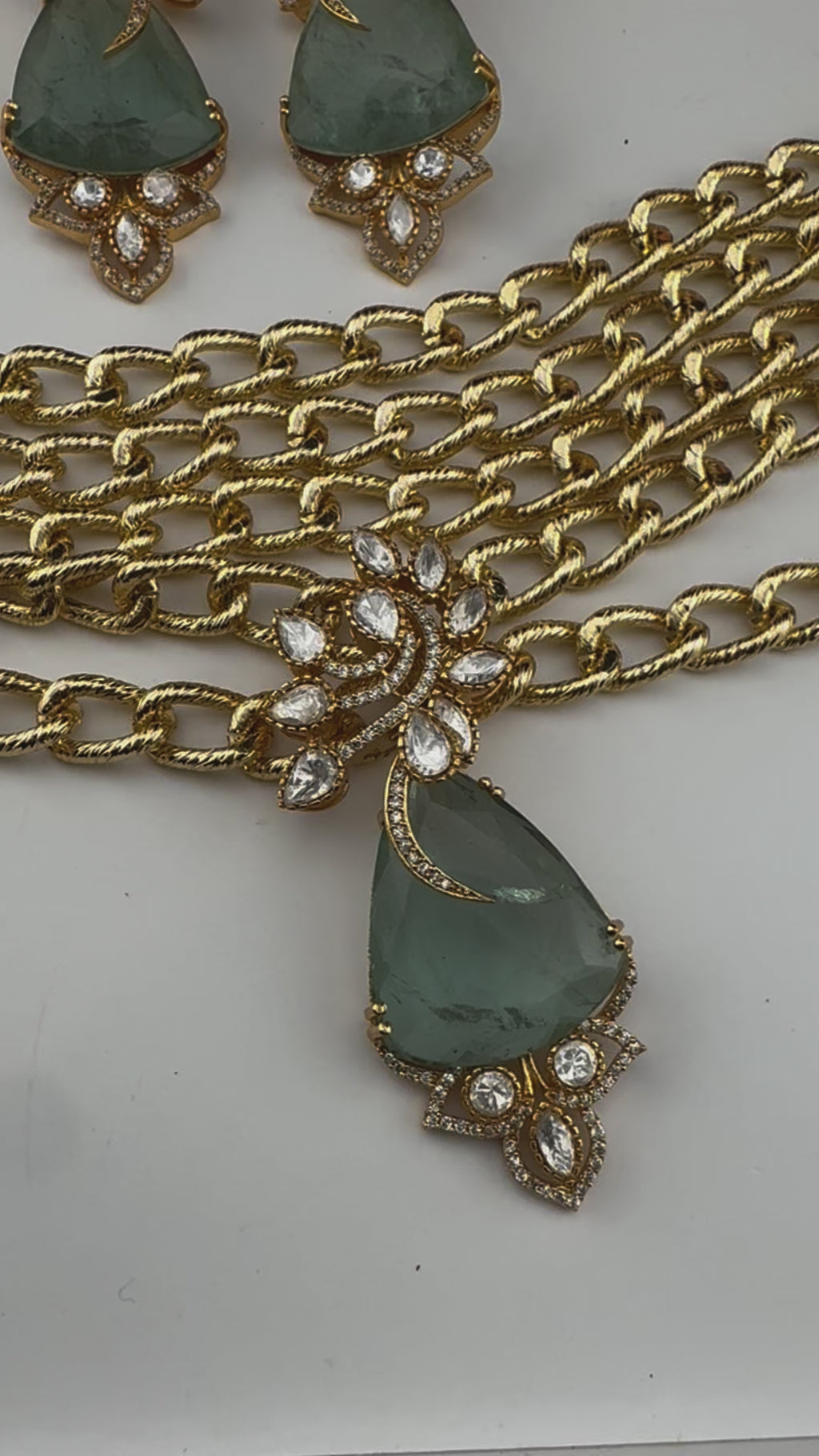 Premium Quality Chunky Gold chain and doublet stone choker Necklace set with earrings/Light green choker set/Stylish thick chunky choker set