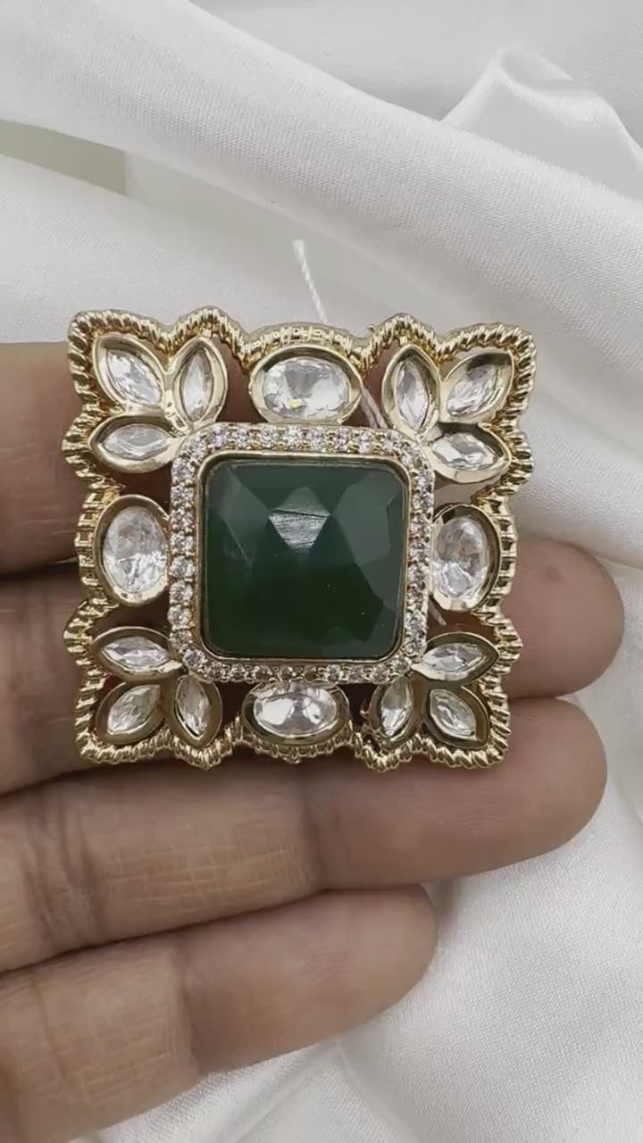 Moissanite Kundan and Green Stone Adjustable Square Finger Ring, Tyaani inspired