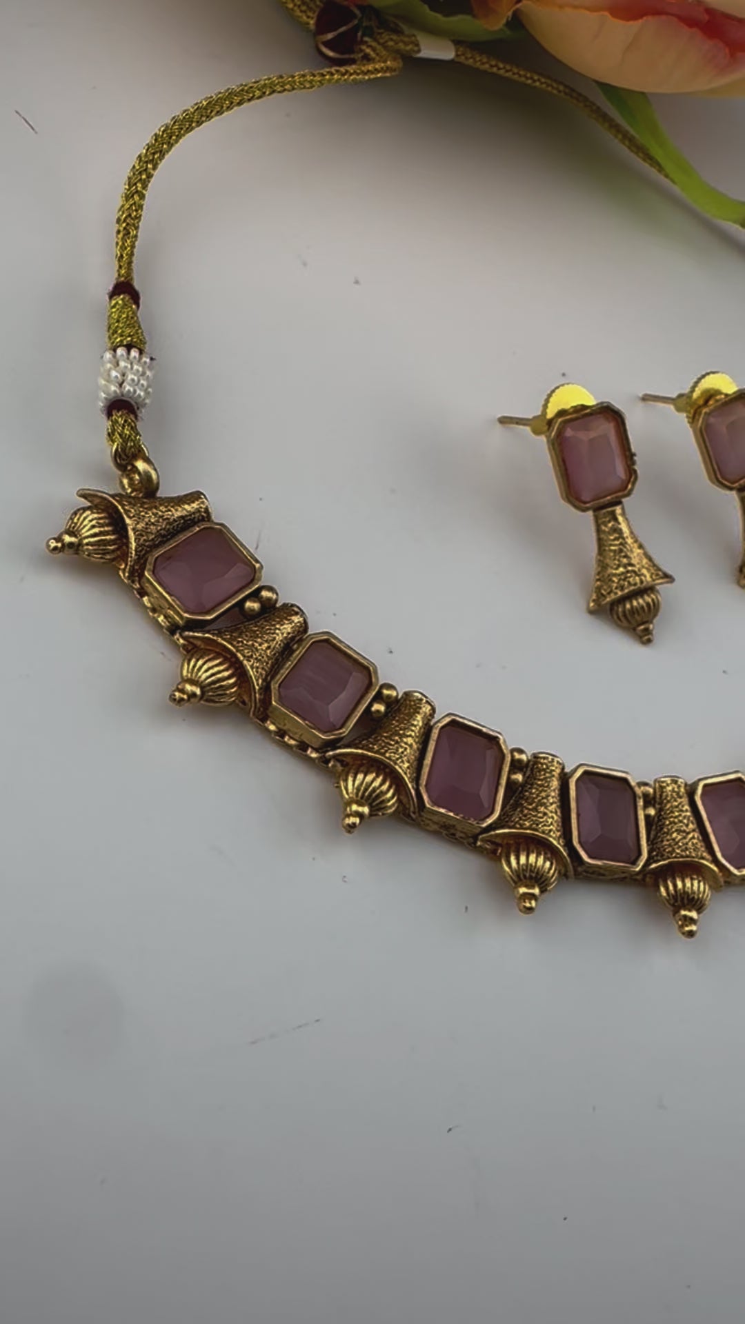 Premium Quality Traditional matt Gold and stones sleek Necklace with earrings/Indian necklace set/sleek lightweight necklace set/Gold Plated